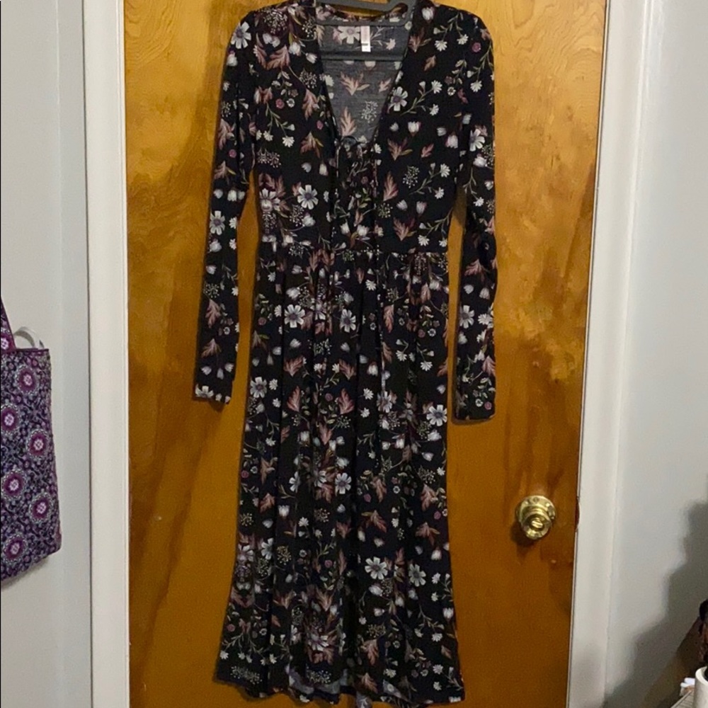 Floral Long-Sleeve Maxi Dress - Black with Pink & White Floral